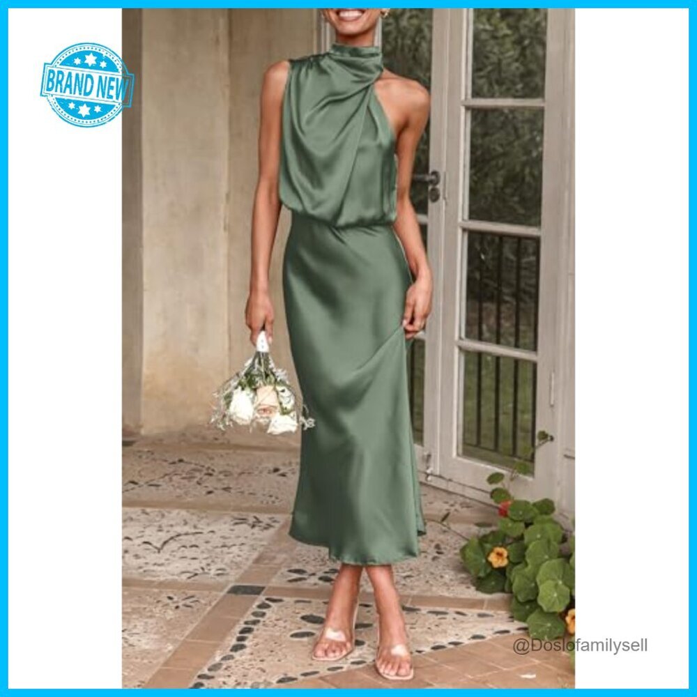 Elegant Satin Maxi Dress Mock Neck Sleeveless Cocktail Party Formal Wear - Picture 6 of 7